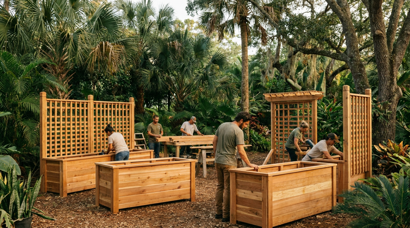 Woodworkers building handcrafted cedar planter boxes